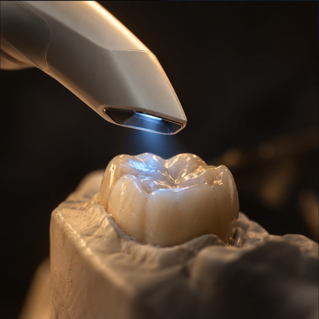 An intraoral scanner wand projecting light onto a single molar on a stone model