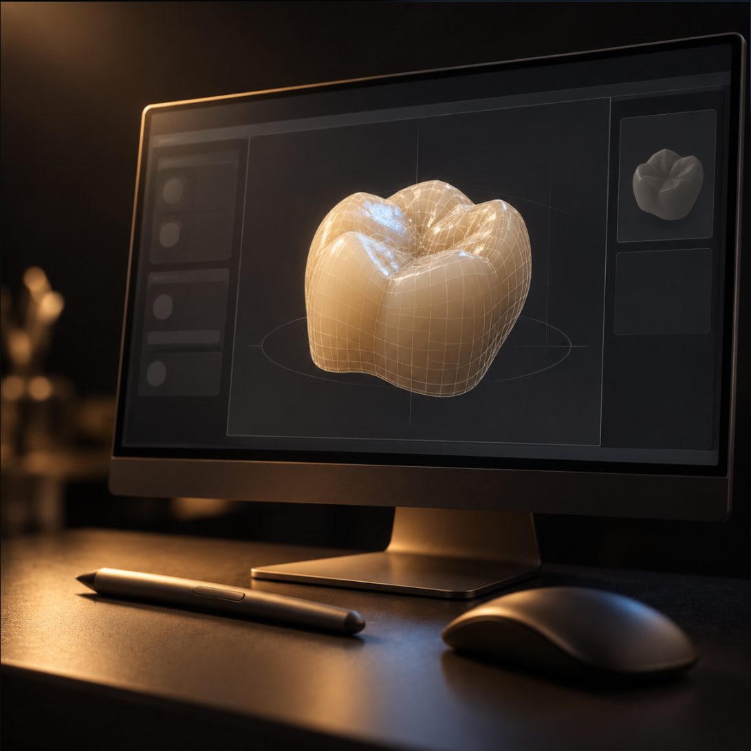 A ceramic crown being designed as a 3D model on a monitor