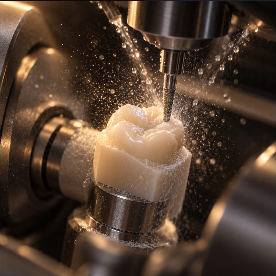 A milling bur carving a crown from a ceramic block under coolant spray