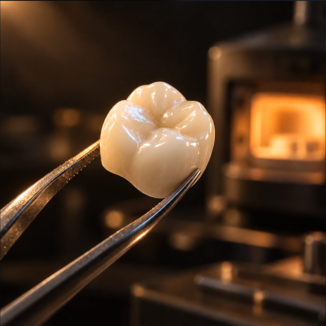 A finished glazed ceramic crown held in tweezers in front of a furnace
