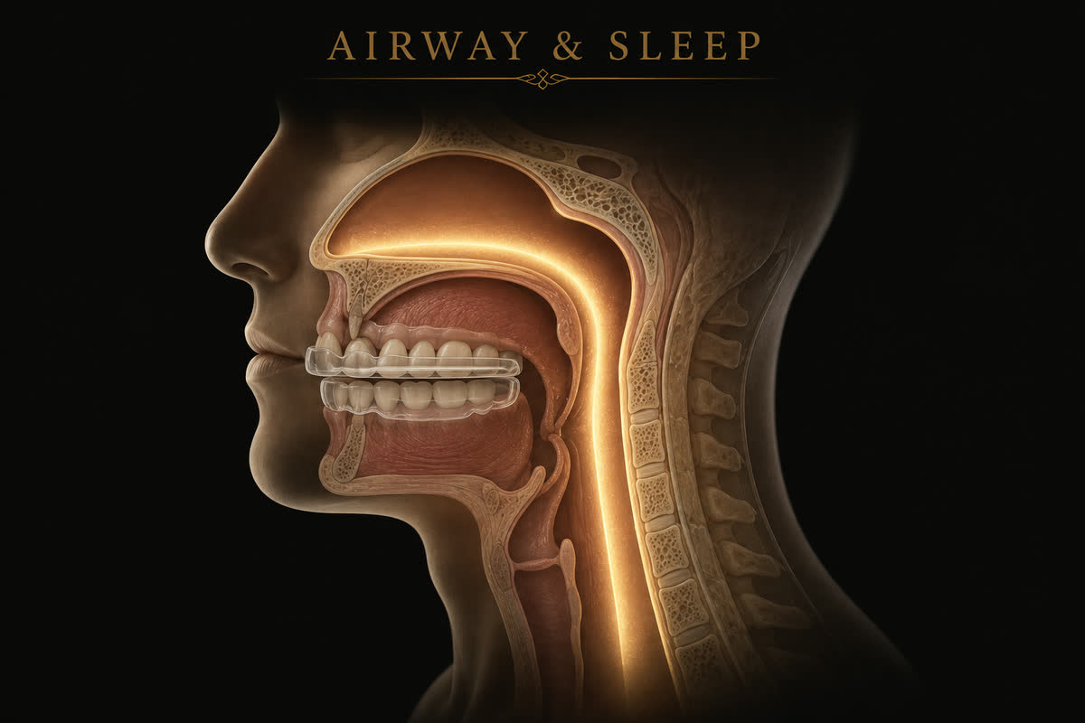 Profile cross-section showing an open upper airway with a slim oral sleep appliance on the teeth