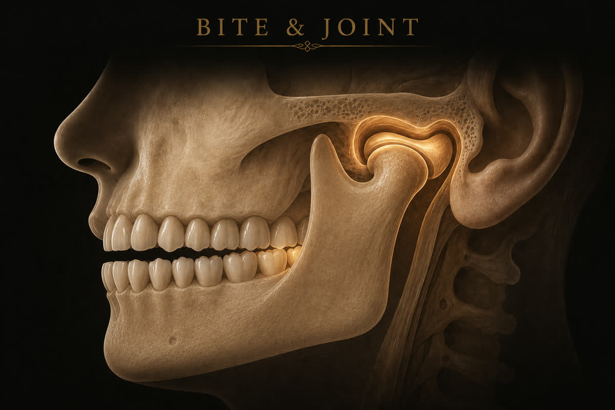 Side view of the jaw joint and an uneven bite — back teeth pressing hard while front teeth do not meet