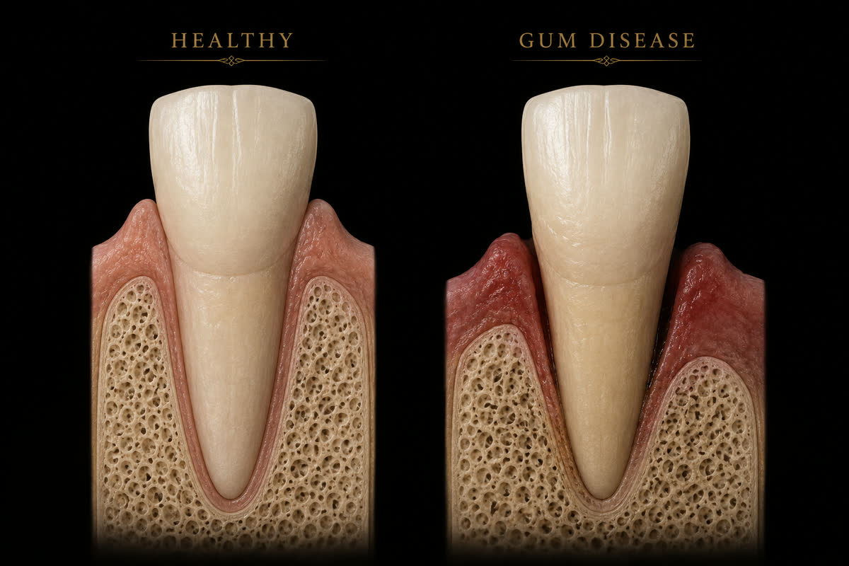 Cross-section comparing a healthy tooth and gum with one showing gum disease — reddened, receded tissue and lower bone